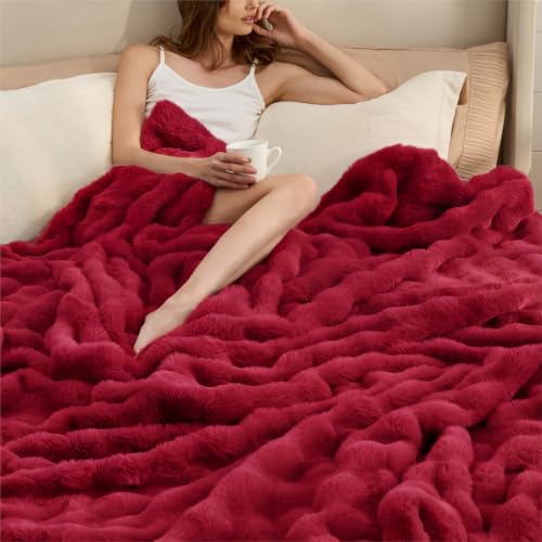 Image of Bedsure Fluffy Bubble Faux Fur Queen Blanket, 90 inchx90 inch, Red