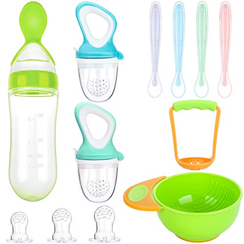 11 Pcs Food Feeder Baby Teething Pacifiers Silicone Food Dispensing Spoon Baby Mash Serving Bowl 4 Soft Tip Silicone Baby Spoons for Toddler First Stage Feeding Set
