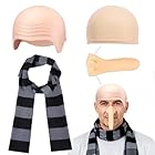 4-Piece Halloween Costume Set for Adults, Black Gray Striped Scarf, Fake Nose & Bald Cap for Men Cosplay Halloween Costume Accessories