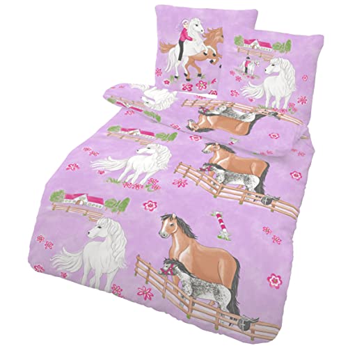 Pferde Bettwäsche Set 135x200 für Mädchen Kinder Rosa - Pferd Pony Kinderbettwäsche - Renforce Baumwolle - Kissen 80x80 + Bettbezug