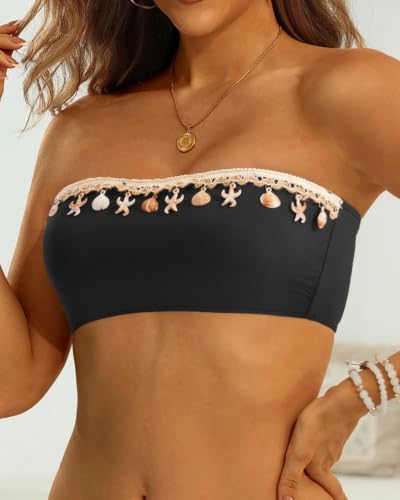 Image of Women Bandeau Bikini Top Only Strapless Swim Top Tube Swimsuit | Removable Straps,Removable Soft Cups,Adjustable Straps,Full Lining,Stretch Fabric