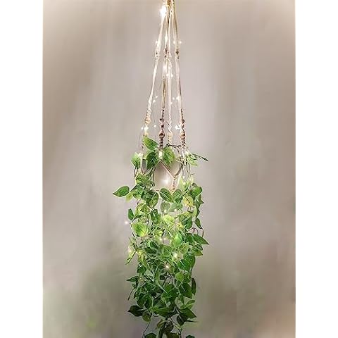 Comtelek Hanging Planter with Lights Indoor Macrame Plant Hanger Basket with Wood Beads Flower Pot Holder No Tassels for Boho Home Window Decor 35 Inch, Ivory (POTS NOT Included) Cover