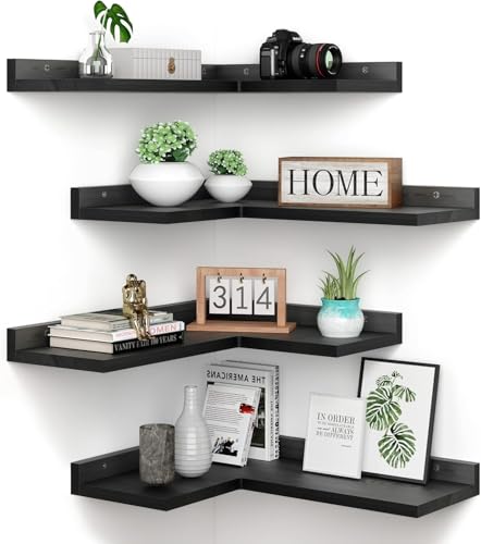 Image of Dime Store Engineered Wood Corner Wall Shelf Set of 4 for Living Room & Bedroom - Floating Corner Shelves- Modern Wall Storage & Display Shelves for Home Decor, Office & Study (Black)