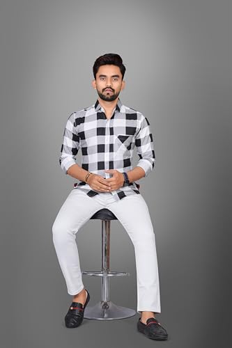 Image of Voroxy Men's Casual Checks Shirt with Pockets Cotton Blend Stylish Branded Checkered Pattern Formal Shirt & Regular Fit Full Sleeves and Spread Collar Style
