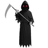 LMYOVE Child Grim Reaper Costume for Boys Girls with Peeping Eyes and Scythe, Halloween Horror Death Black Phantom Cosplay