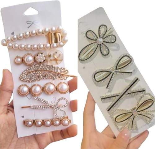Rubela Singham012 10 Piece Korean Style Pearl Barrettes Women’s Set Hairpin Korean Style Hair Clip Marble Alligator babby pins Duckbilled Headdress Jewelry Hair Accessories