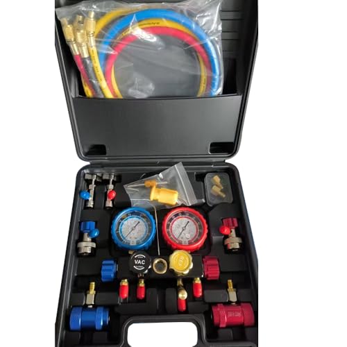 Wisepick ACエアコンマニホールドゲージセット R134a、R1234yf、R404A、R22マニホールドゲージセットキット 4ウェイ自動車用冷媒診断ツールキット（缶タップとアダプター付き）