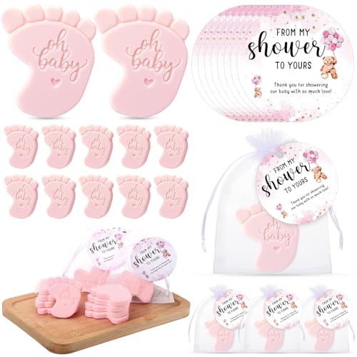 25 Sets Baby Shower Soap Favors for Guests Girl Boy Mini Footprint Handmade Scented Soaps with Thank You Tags and Organza Bags for Shower Gender Reveal Party Favors (Pink)