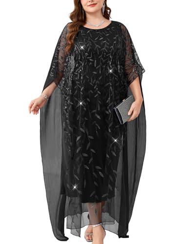 Image of Plus Size Sparkly Formal Evening Gown Sequin Cape Overlay Mother of Bride Dress Wedding Guest Cocktail Party