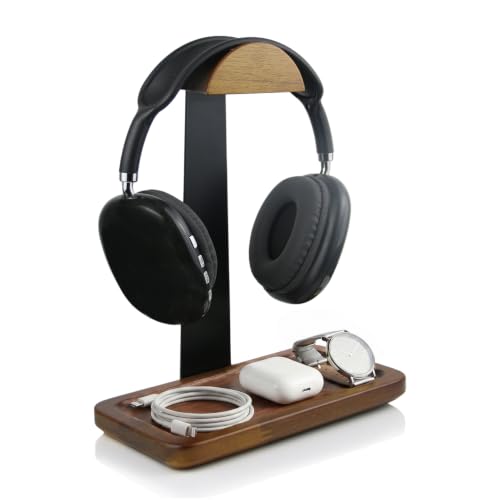 Gift for Men Headphone Stand with Storage Base, Stylish Headset Holder Gamer Gifts for Gaming & Desk to Keep Accessories Organized, Unique Gifts for Teenage Boy Brother on Birthday (Brown Wood)