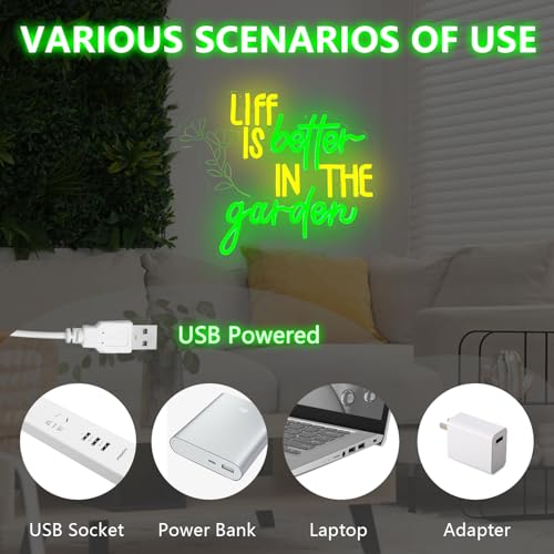Image of Green Neon Sign Liff Is Better In The Garden LED Neon Light for Garden Room Bedroom Living Room Plant Neon Light Sign for Plant Lovers Flower LED Sign Gift for Mom or Plant Enthusiasts