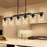 Alynzee 40.15'' Large Farmhouse Dining Room Light Fixture, 6-Light Kitchen Island Lighting, Black and Rustic Wood Chandelier Over Table, Adjustable Pendant Light Fixture with 6 Clear Glass Shades