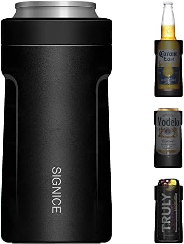 3-IN-1 Insulated Can Cooler - Signice Double Walled Vacuum Insulator Stainless Steel Slim Can Cooler for 12 Oz Skinny Tall Can/Standard Regular Can/Beer Bottle (Matte Black)