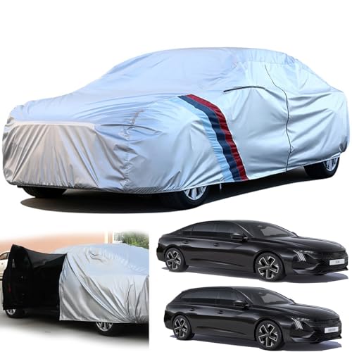車のカーカバー に適用プジョー508/508SW R83 R82 カバー 自動車ボディカバー 耐水圧オックスフォードアルミフィルム生地 蛍光反射ストリップ付き 防水防塵防雪防輻射紫外線 車カバー スクラッチ耐性 耐引裂性 全天候型保護 弾力な防風縄付き(銀