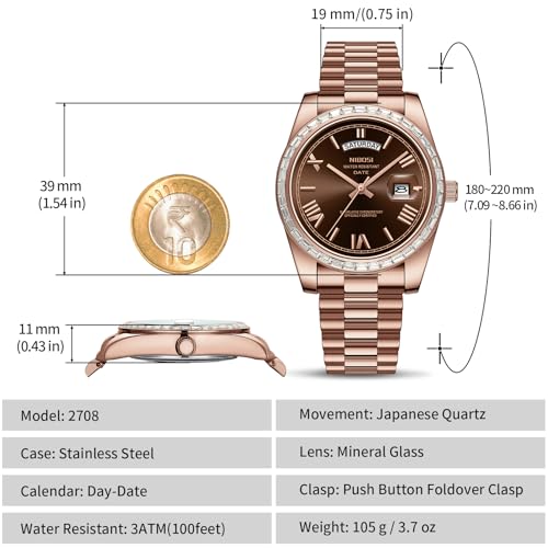 Image of NIBOSI Watches for Men Analog Quartz Diamond Bezel Stainless Steel Dial Rose Gold Silver Mens Watch Waterproof Business Classic Dress Wrist Watch with Day Date
