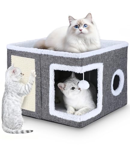 Katzenhaus Indoor Faltbare, Katzenbetten, katzenhöhle, Waschbare katzenhaus, mit einem hängenden Spielzeugball, einem Katzenkratzbrett, Geeignet...