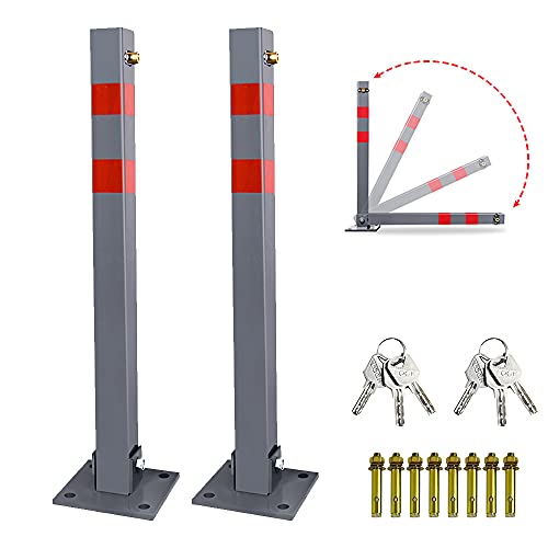 SWANEW 2x Barrera Aparcamiento Poste Garaje BolardoParking Plegable Bandas señalizadoras con Llave Redondo Cover