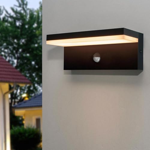 Planetitaly - Applique da Esterno LED 10W, Faretti Applique da Parete Lampada da Muro Colore Nero Design Moderno, Sensore di Movimento con Crepuscolare, Luce Resa 100W, Protezione IP54, 230V (CCT)