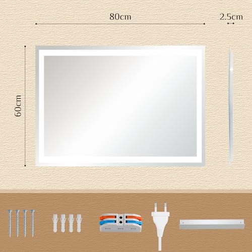 Clevich LED Badspiegel mit Beleuchtung 80x60 cm, Rechteckiger Wandspiegel – Ansicht 2