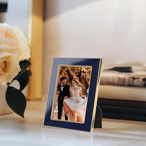 Image of eletecpro 2.5x3.5 Enamel Picture Frame Set of 2 with Real Glass Cover, Photo Frame with Gold Metal Edge, Horizontal and Vertical Display Pictures 2.5 by 3.5 for Tabletop and Wall Decor, Navy