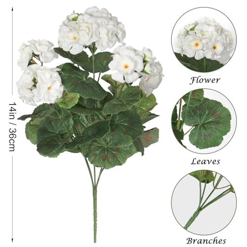 Dremisland 6 Pack Artificial Geranium Flowers for Outdoors White Geranium Silk Flowers Outdoor UV Resistant Garden Plants Bush Faux Flowers for Home Wedding Table Centerpieces Deco image 6