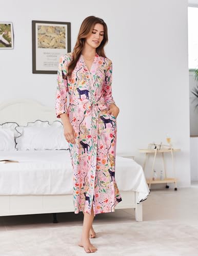 Image of Ekouaer Women Robes Long Knit Bathrobe Lightweight Soft Kimono Robes Casual Ladies Loungewear with Pockets