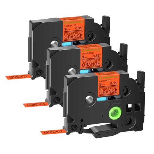GREENCYCLE Compatible for TZ TZE B21 TZe-B21 AZE B21 0.35 Inch 3/8" Black on Fluorescent Orange Laminated Label Tape 9mm x 5m for PTD210 D400AD D600 PTH100 PTH110 PT1290 PT-1230PC, 3 Pack