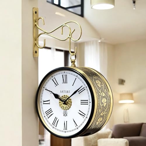 Image of Handcrafted Double Side Metal Analog Vintage Wall Clock | 1.5 Year Machine Warranty | 8 INCHES | 1 Side Number 1 Side Roman,Color Golden