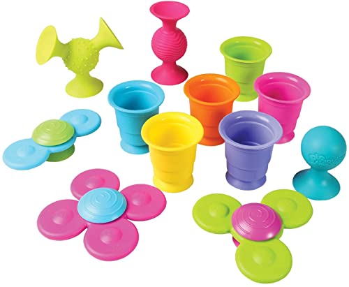 Image of Fat Brain Toys Pipsquigz Whirly-Squigz Suction-Kupz Set - 12 Piece Early Learner Toys - 6 Suction Kupz Stacking Toys, 3 PipSquigz, 3 Whirly Squigz Spinners in Zippered Storage Case - BPA-Free Silicone