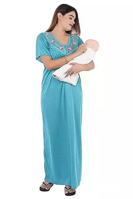 Image of Onekbhalo Women's- Full Sleeves-Feeding- Nursing- Maternity Nighty /Maxi /Gown /Nightdress /Nightwear- Hosiery Cotton Fabric- Floral Print- Embroidery with Zip
