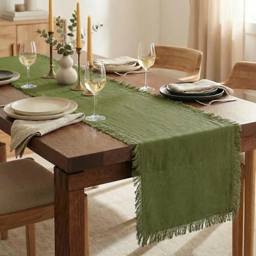 Accent Home Olive Green 13 x 72 Inches Cotton-Linen Table Runner – Soft, Durable & Natural Blend Rustic Farmhouse Style for Dining Table, Weddings Bridal Shower Thanksgiving Christmas & Everyday Use