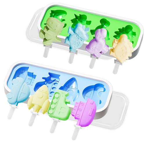 Juego de 2 moldes de hielo para niños, dinosaurios y coches, reutilizables, sin BPA, moldes para helados con mango y tapa (diseño de juguete)