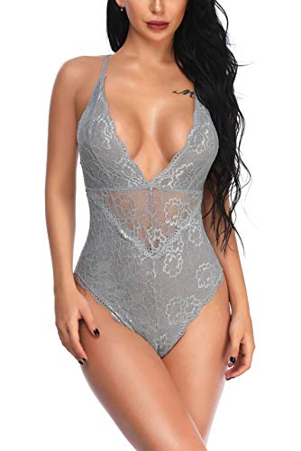 Aranmei Women Deep V Sexy Lace Bodysuit Snap Crotch Lingerie Teddy Underwear (Grey, XX-Large)