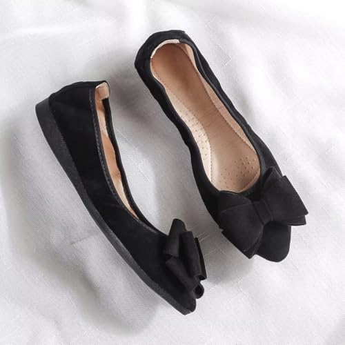 Stunner Womens Dress Flats Bow Pointed Toe Foldable Flats Comfort Slip on Wedding Shoes Black 44(12) 23