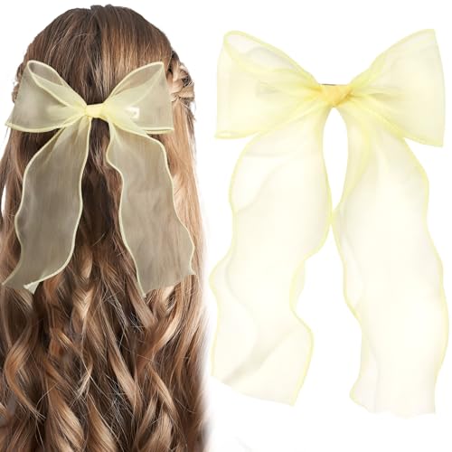 STSTR 1Pcs Large Hair Bow Clips Yellow Silk Yarn Ribbon Bow Hair Barrette for Women Elegant Long Tail Bowknot French Hair Accessories for Wedding Parties Festivals - Style 4