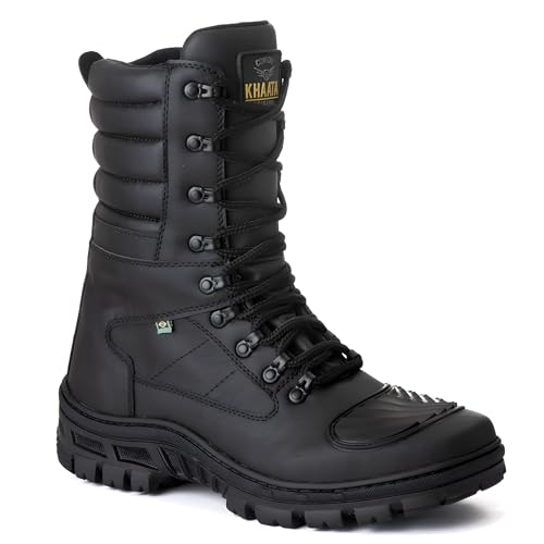 Bota Masculina Couro Preta Tratorada Cano Longo Alto Coturno Vigilante Militar Tático Moto Motociclista Motoqueiro Com Zíper Para Trabalho Trilha Bico Reforçado Resistente (Preto, BR, Adulto, Numérico, 41)