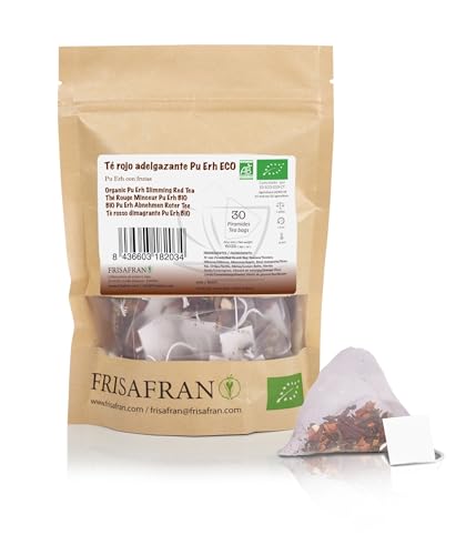 FRISAFRAN | Té Rojo Pu Erh Ecológico pirámides 30Ud | 60g | Adelgazante | Diurético | Digestivo| Detox | Quemagrasa | Drenante | te rojo en bolsitas | té rojo pu erh | natural | infusion sin aditivos