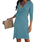KAKSEY Women Deep V Neck Long Sleeve Bodycon Tie Waist Ribbed Knit Casual Wrap Dress, Soft Bodycon S