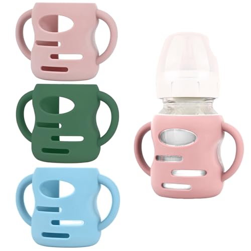 Image of Frezonika 3 Pack Silicone Sleeves Compatible with Dr Brown Wide-Neck Glass Baby Bottles 5OZ/150mL, 100% Silicone Handles for Sippy Cups for Toddlers 1-3, Anti Breakage (5 OZ)