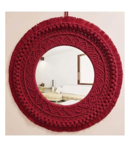 Image of Handmade Cotton Macrame Wall Hanging Glass Mirror with Boho Fringes, Bohemian Art Decorative Aina for Make-Up, Living Room, Bedroom (Red)