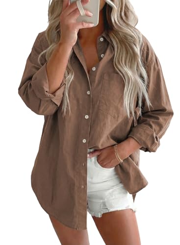 Astylish Women's Denim Chambray Button Down Shirt, Dark Brown, Medium | Blouse, Long Sleeve, Casual, V Neck, Classic, Relaxed Fit
