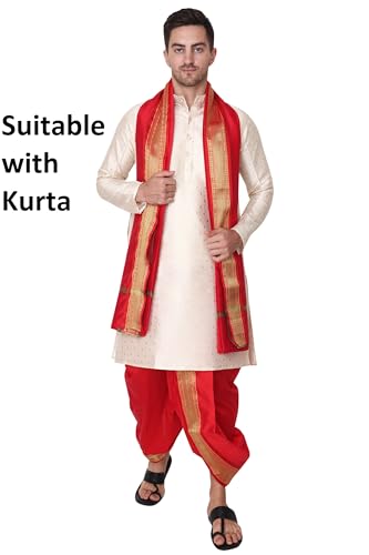 Image of Rameshwaram Fabrics Readymade Dhoti for Men, Velcro Style Stitched Mens Silk Dhoti Pant with Stole Set