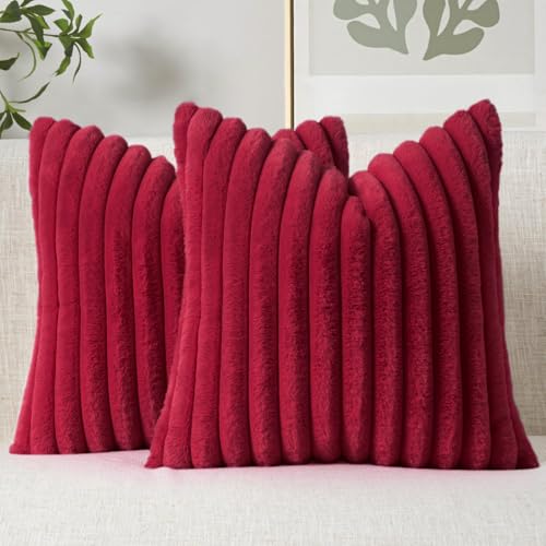 Image of MIULEE Faux Fur Decorative Throw Pillow Covers 18x18 Set of 2 Burgundy