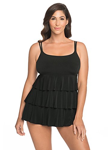 Longitude Women's Swimwear Black Tie Triple Tier Long Torso One Piece Swimdress, Black, 14