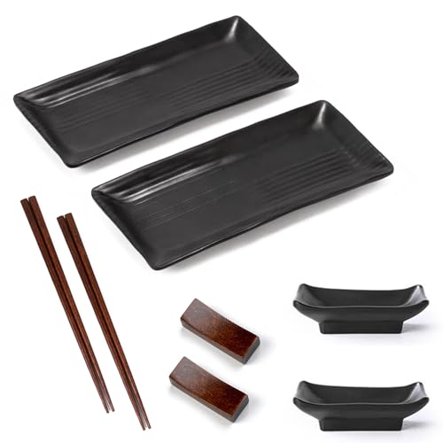 VVHFXD Juego de vajilla de sushi de 8 piezas, plato de sushi para 2 personas, pizarra con tazones para salsa,vajilla japonesa, banco, tazones para salsa, platos de pizarra, 21 × 10 cm, negro, marrón