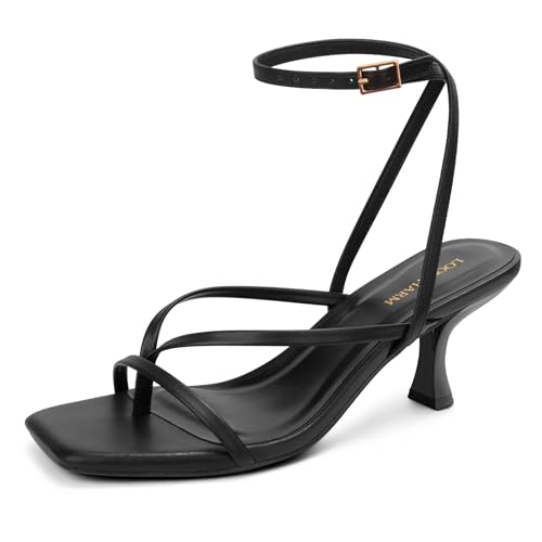 Image of Women's Kitten Heel Strappy Open Square Toe Thong Ankle Strap Heels for Wedding