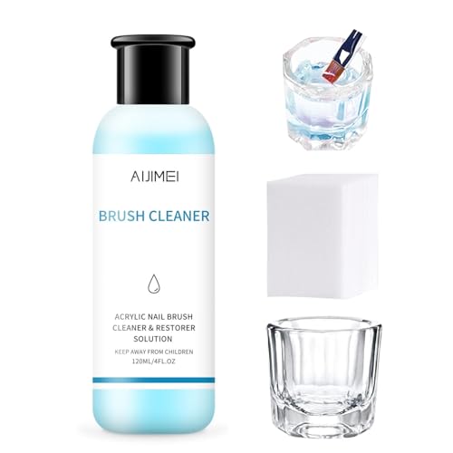 AIJIMEI Brush Cleaner 120ml/8.1FL.OZ,Avec Verre Tasse cotton pads,Acrylic Nail Brush Cleaner pour Nettoyer Maquillage et Brosses à Ongles, Élimine tous les...