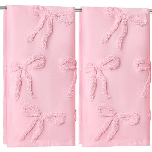 FuWeave 2 Pcs Pink Hand Towels for Bathroom Coquette Bow Hand Towels 100% Cotton Absorbent Decorative Jacquard Weave Bath Decor Preppy Bathroom Decor Gift, 13.7 x 29.5 Inch