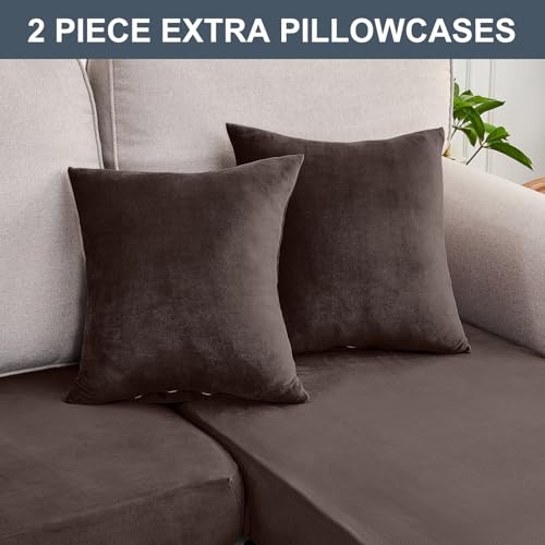 Image of Stretch Silver Fox Velvet Sectional Couch Covers - 3-Piece Sofa Cushion Covers for Left /Right L-Shaped Chaise, Soft and Comfortable Slipcovers for Sectional Sofa(2 Seater + 1 Chaise,Coffee)
