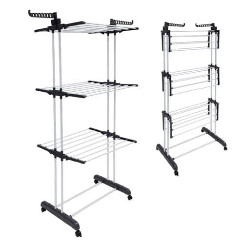 Anika 60099 3 Tier Clothes 18m Drying Space/Foldable Laundry Airer with Wheels, Hanger Hooks & Shoe Rails/Indoor & Outdoor with 36kg Capacity, Stainless Steel, Grey, 75-126 x 64 x 170cm